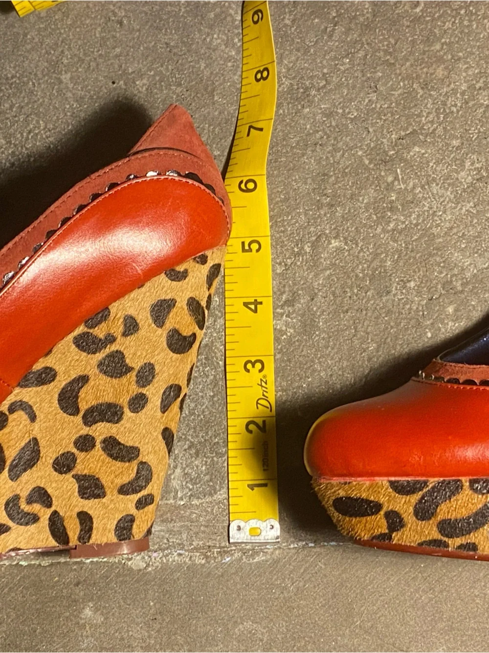 Irregular Choice Body Love platform wedges,red leather,leopard faux fur,in box,7